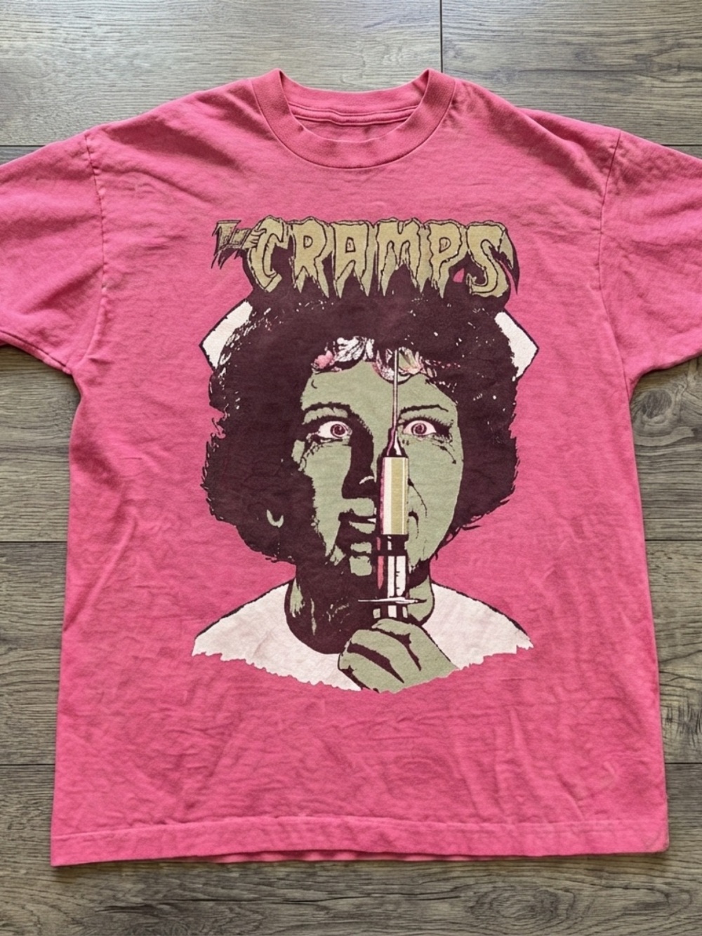 Gildan Pink The Cramps Graphic Tee with Green & Cream Print